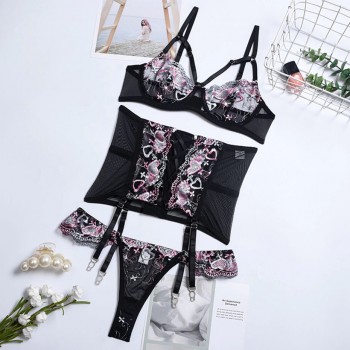 Sexy Bra And Panties Set Lingerie Embroidery Erotic Bra And G String Thong Brief Sets Intimates Costumes Sex Women's Underwear
